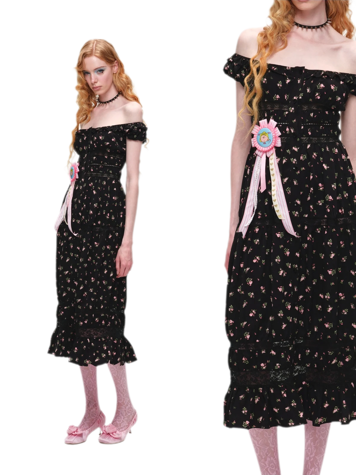 Long Floral Lace Chiffon Dress