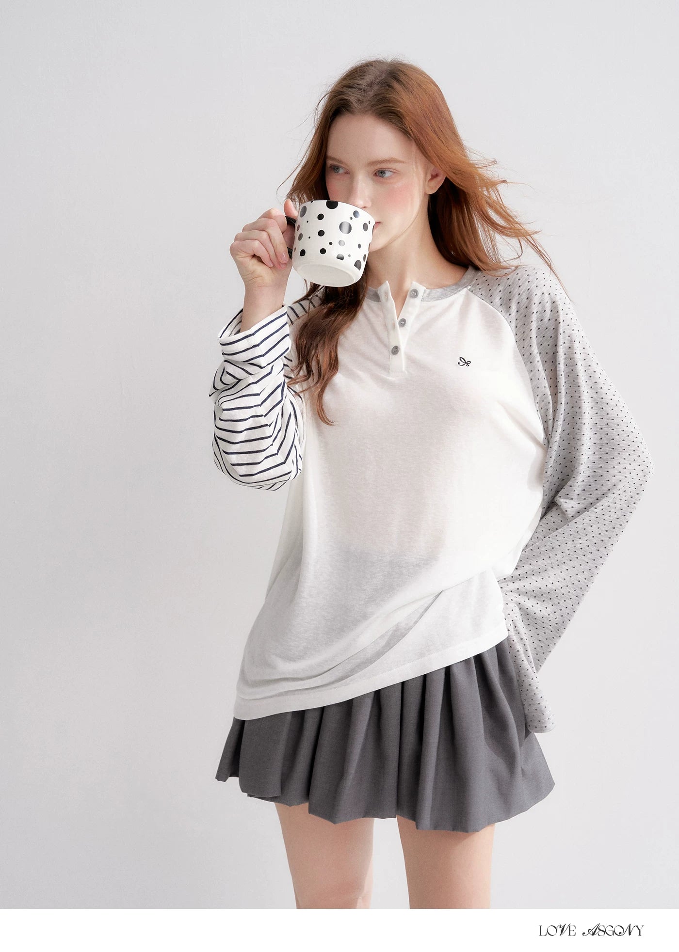 Striped Polka Dot Raglan Sleeve Long Sleeve Pullover