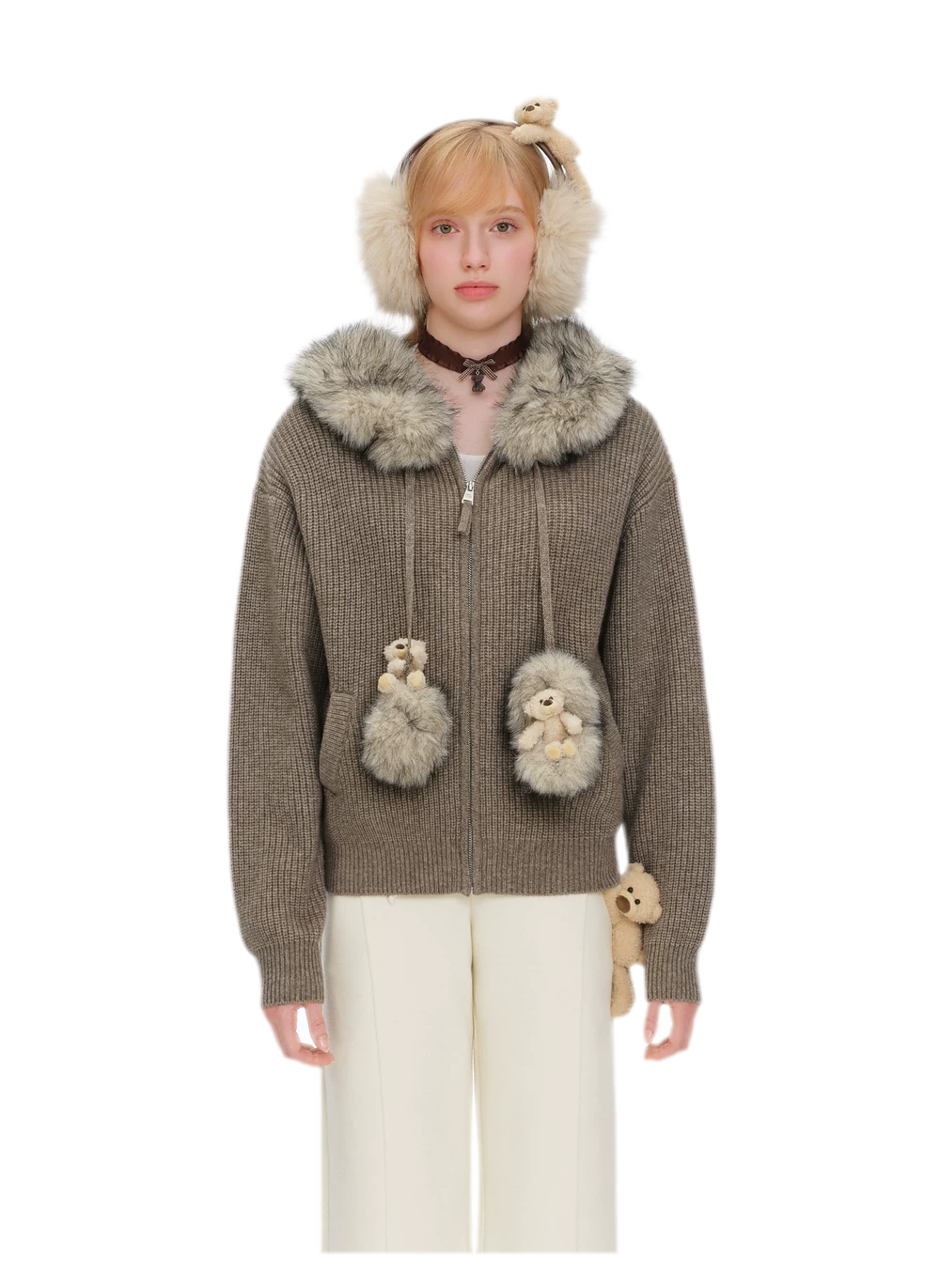 Pom-Pom Hooded Knit Sweater