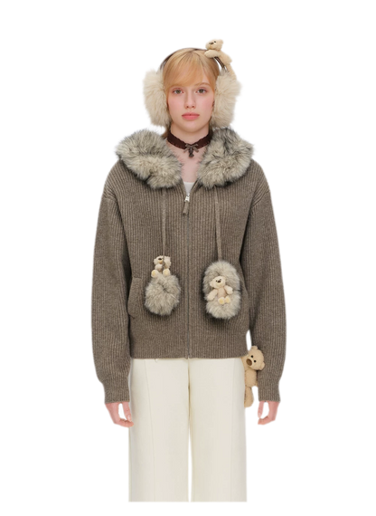Pom-Pom Hooded Knit Sweater