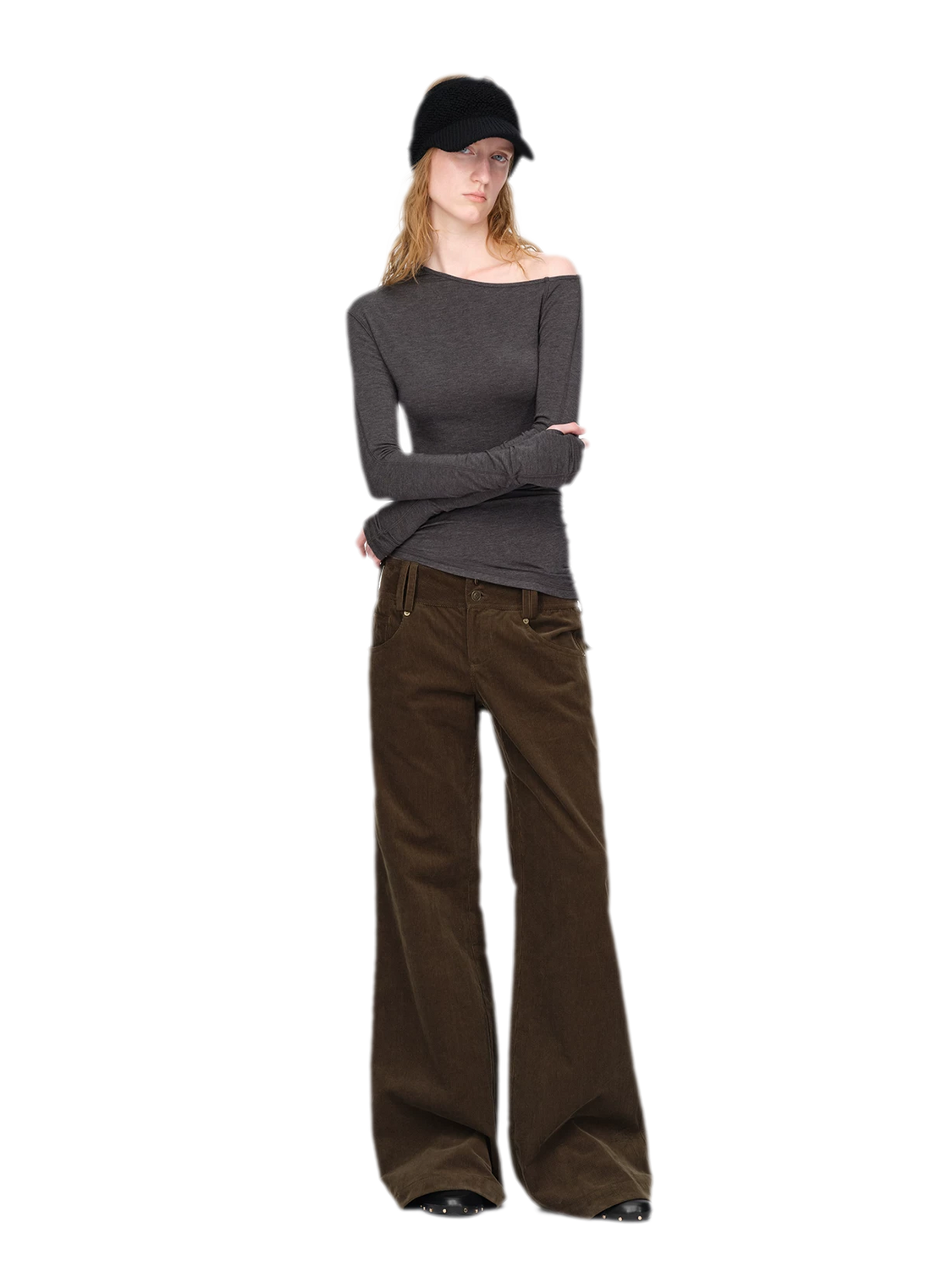 Pantalon en velours côtelé délavé à jambes larges