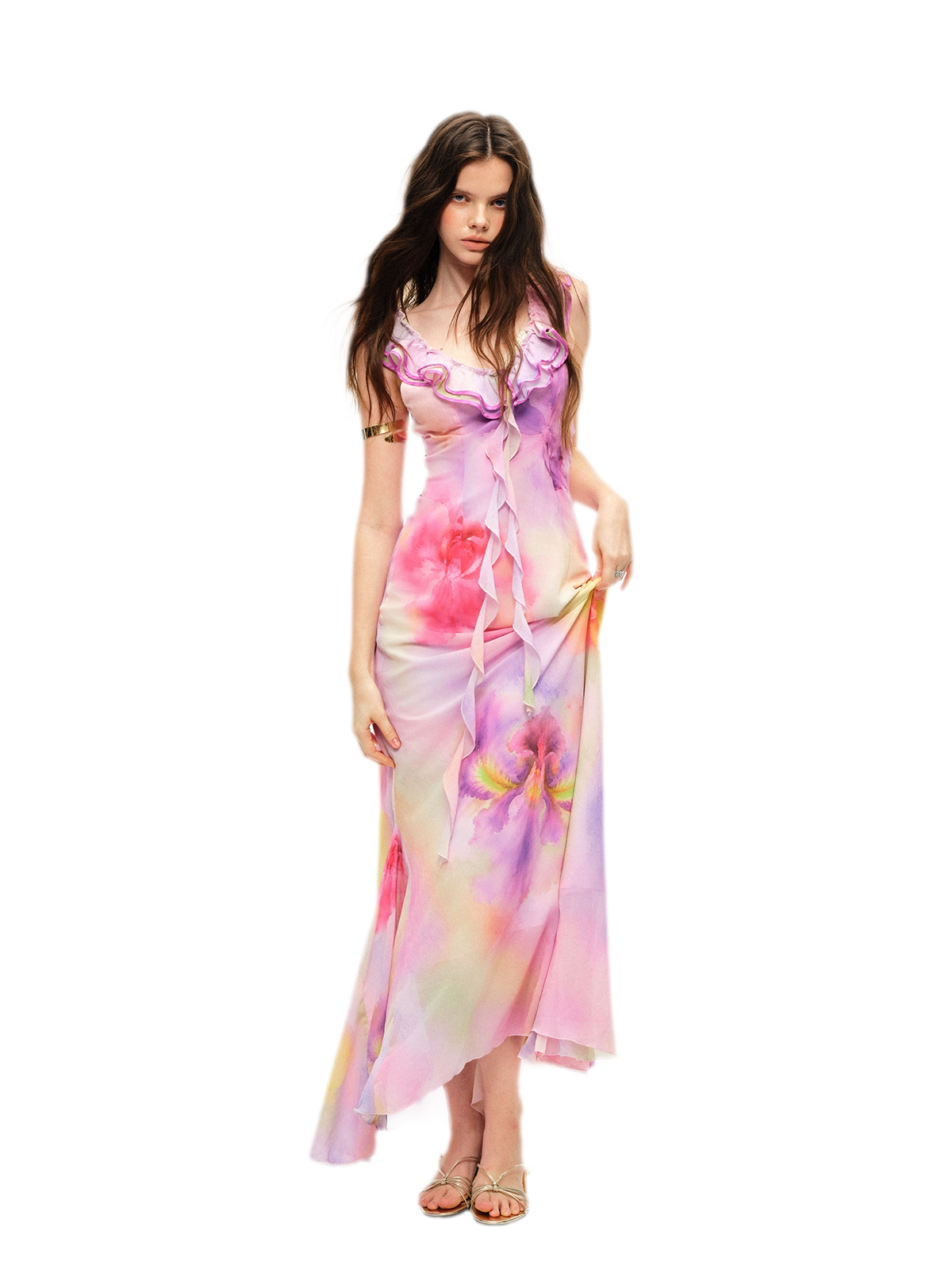 Watercolor Ruffle V-Neck Dress
