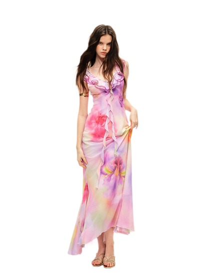 Watercolor Ruffle V-Neck Dress
