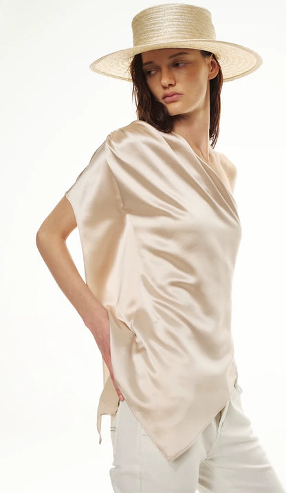 Asymmetric One-Shoulder Waist-Slimming Top in Apricot