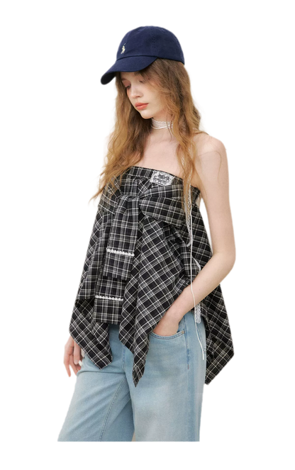 Asymmetric Lace Patchwork Plaid Skirt/Top