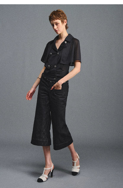 Retro Flare Cropped Jeans with Wide Waistband