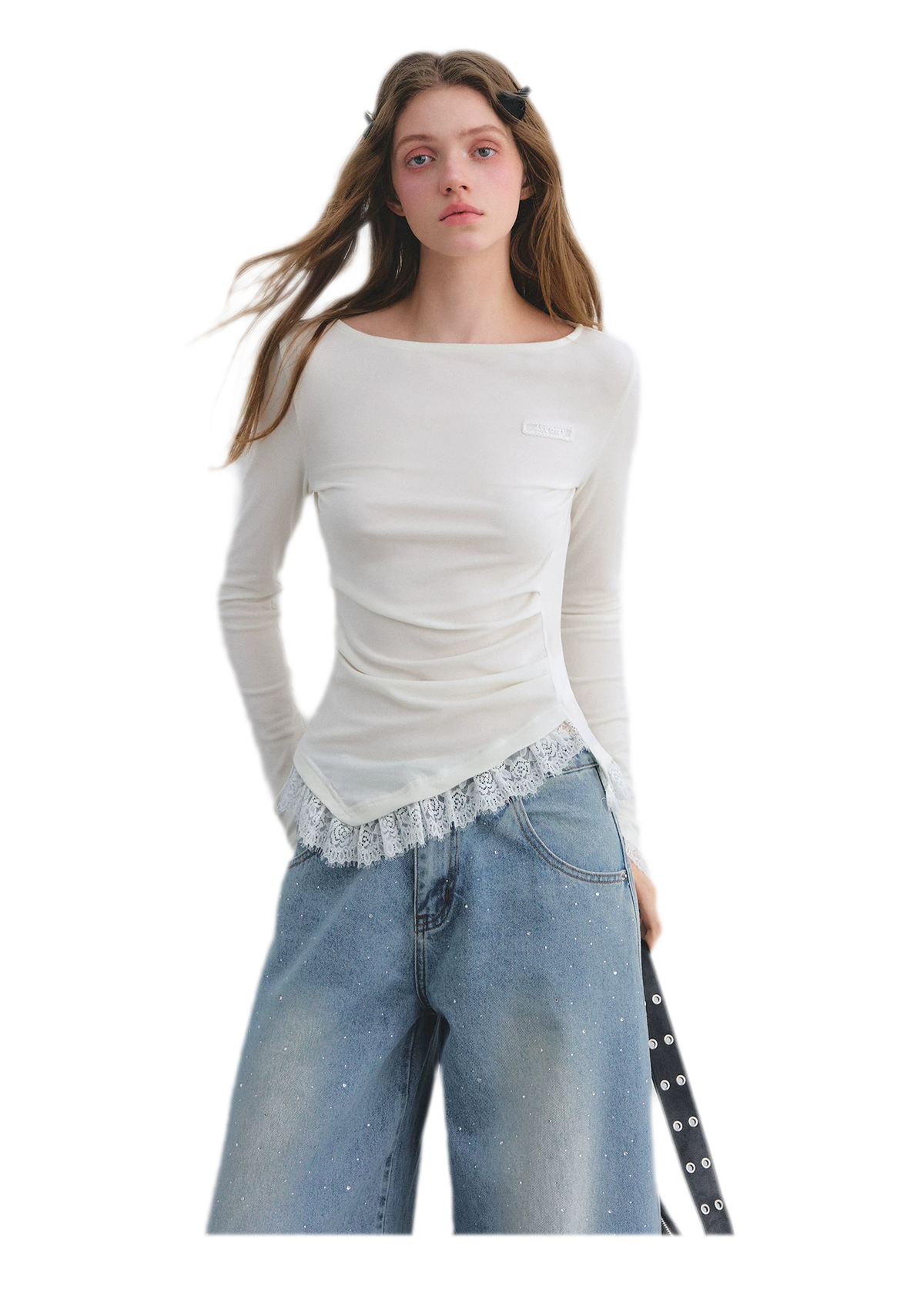 Lace Panel Ruched Hem Top