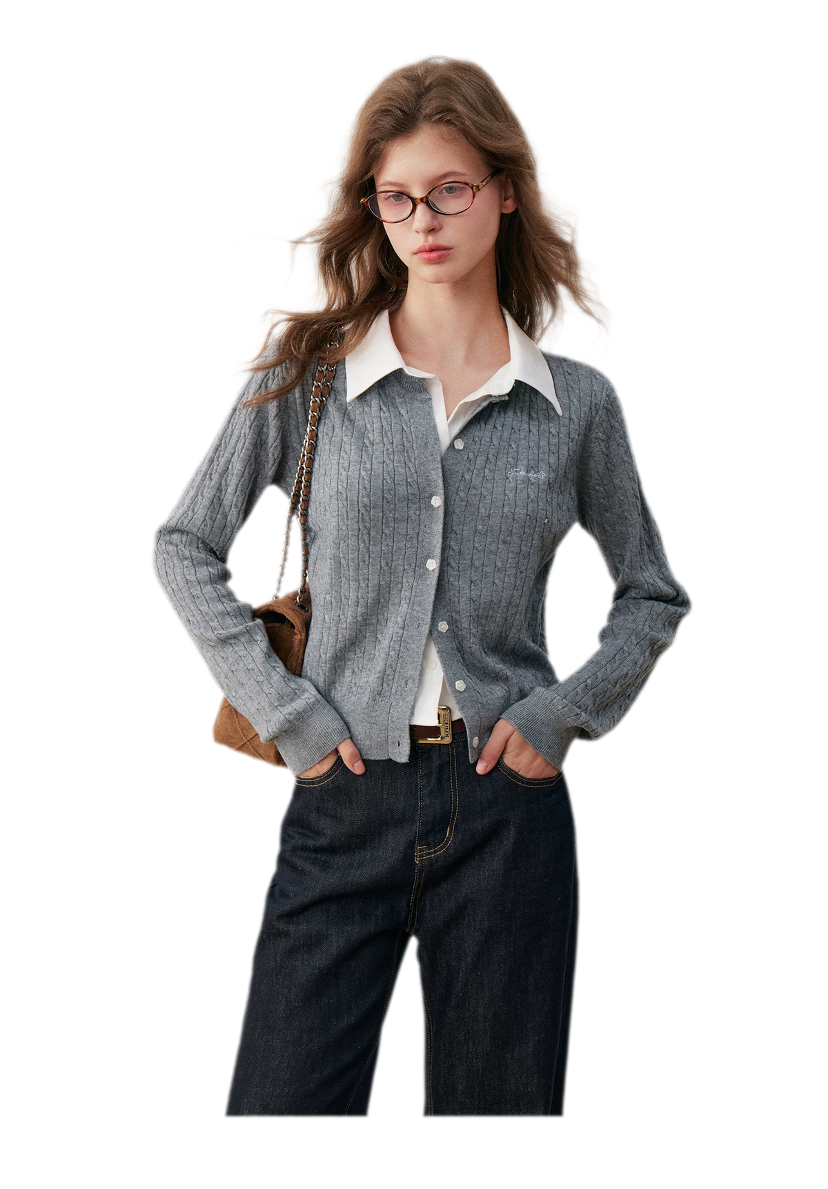 Cardigan en maille torsadée avec empiècement chemise