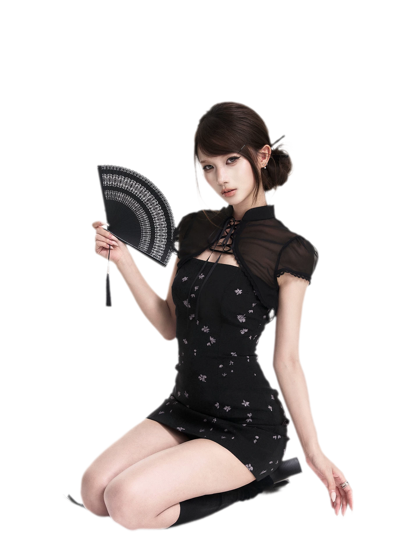 Black Iris Qipao Set