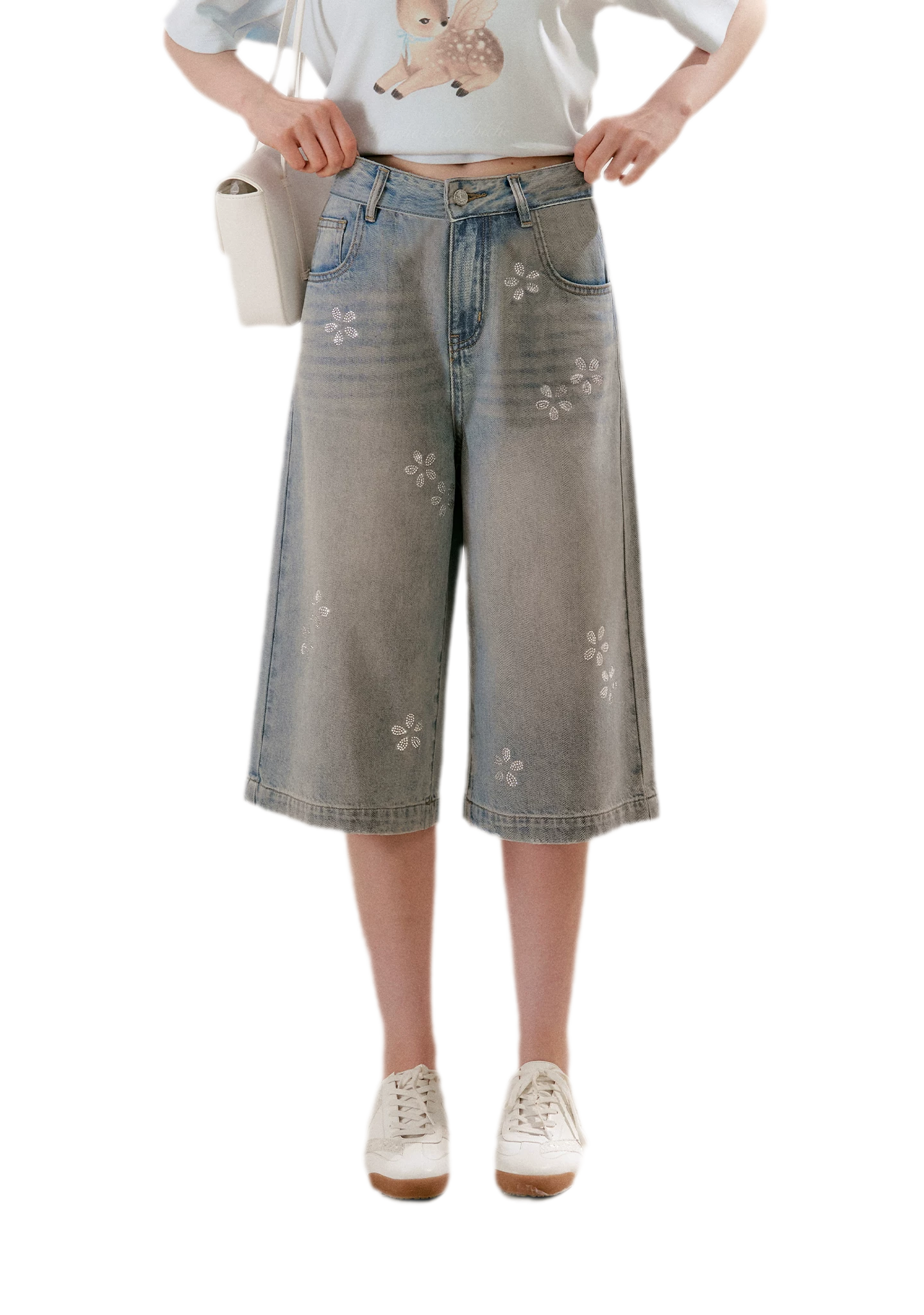 Rhinestone Floral Denim Culottes