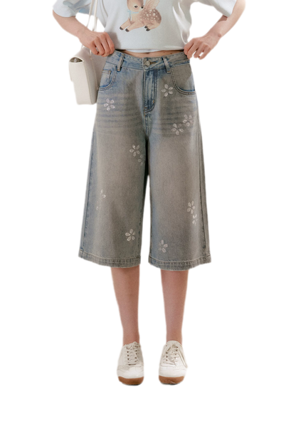 Rhinestone Floral Denim Culottes