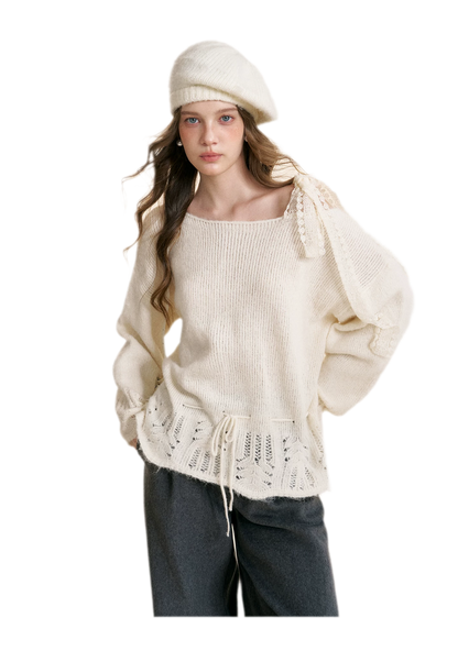 Lace Drawstring Off-Shoulder Sweater
