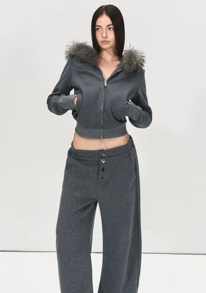 Detachable Fur Collar Fleece Hoodie &amp; Relaxed Pants