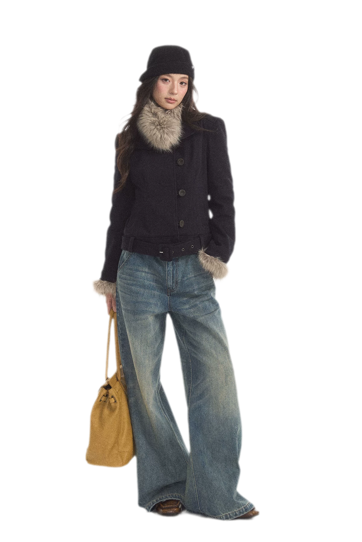 Detachable Fur Collar Twill Coat