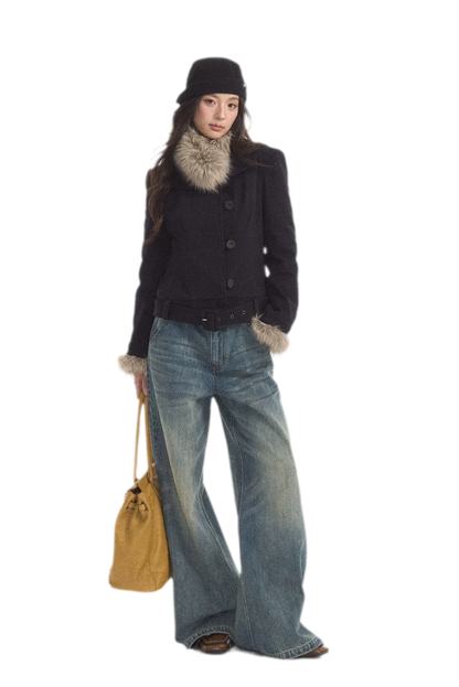 Detachable Fur Collar Twill Coat