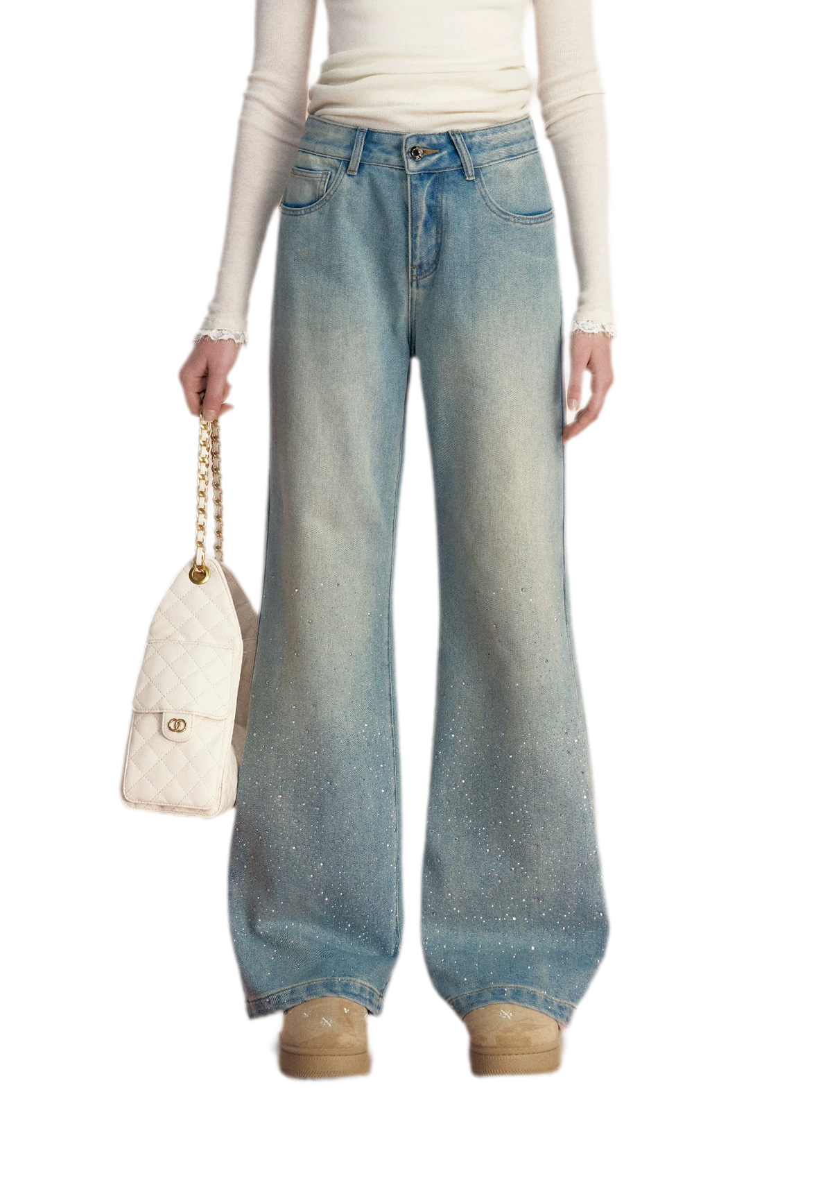 Embellished Fleece-Lined Wide-Leg Jeans