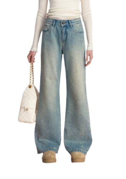 Embellished Fleece-Lined Wide-Leg Jeans