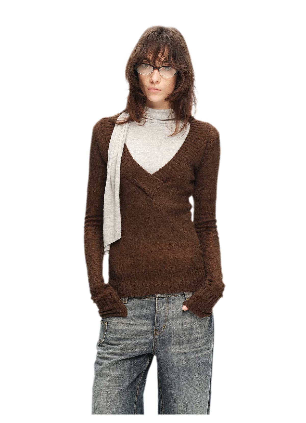 Faux Mohair Deep-V Sweater