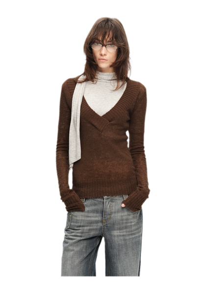 Faux Mohair Deep-V Sweater