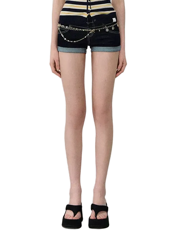 Deconstructed Double Waistband Denim Shorts