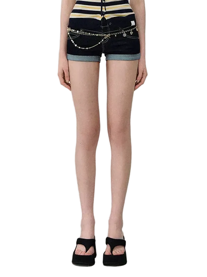 Deconstructed Double Waistband Denim Shorts
