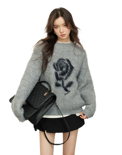 Rose Jacquard Grey Sweater