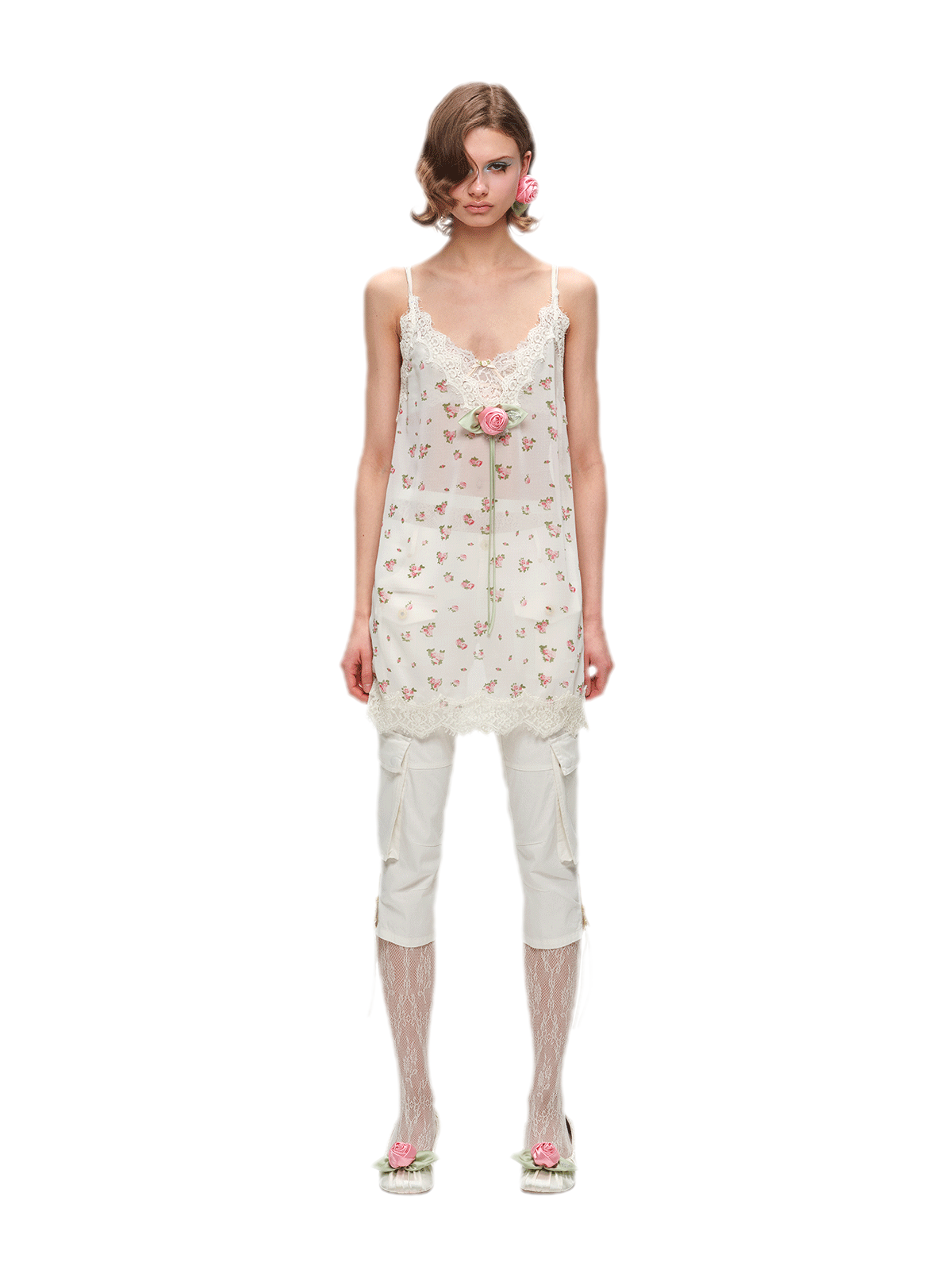 Deep V-Neck Lace Chiffon Satin Dress
