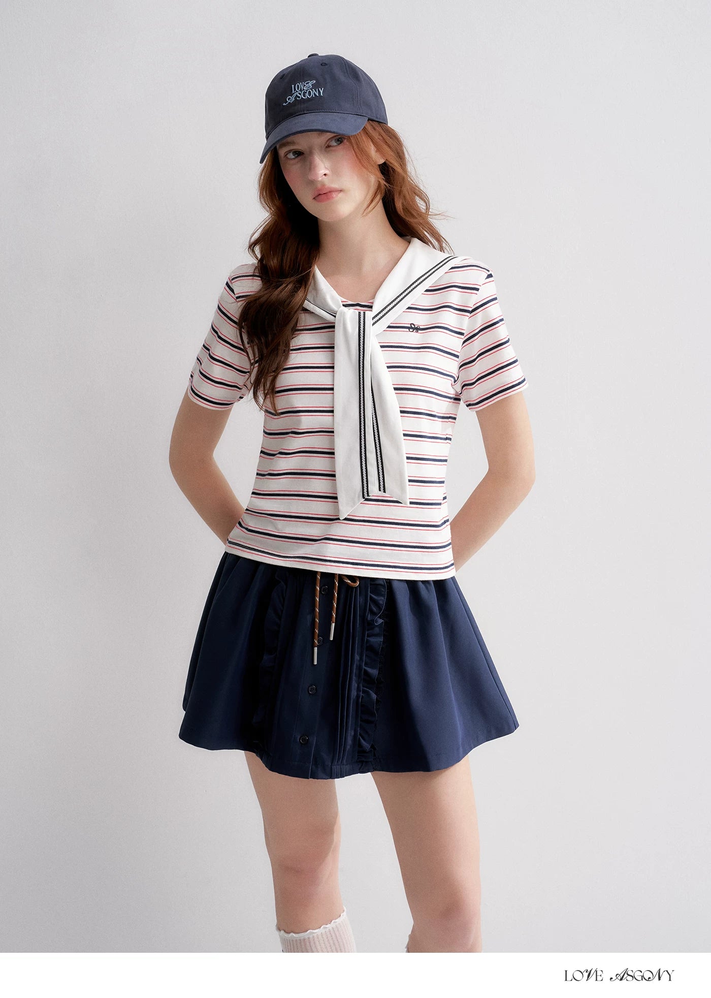 Navy Sailor Collar Tie-Striped Short T-shirt
