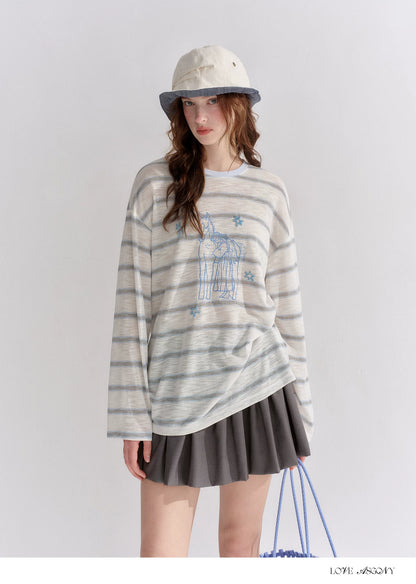 Embroidered Beaded Striped Loose T-shirt
