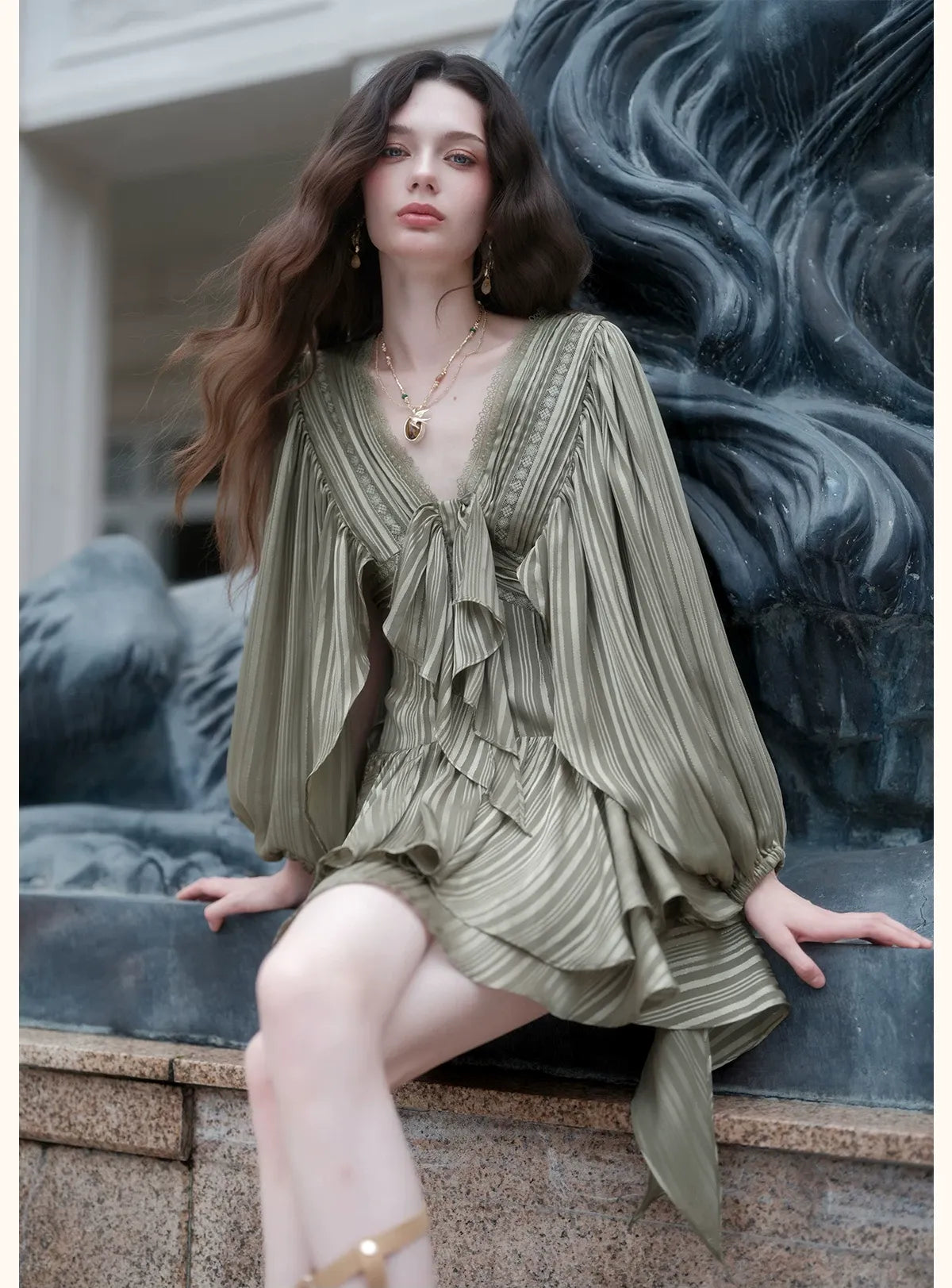 Lace Ruffle Batwing Mini Dress