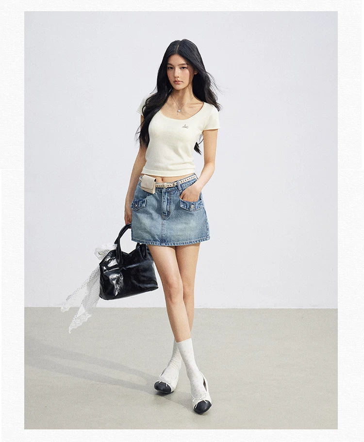 Candy Color U-Neck Short Sleeve T-Shirt