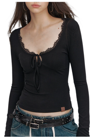 Ribbed Lace Tie Knit Top