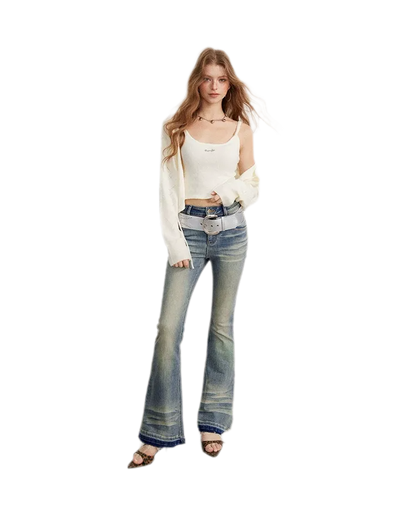Washed Micro-Flare Contrast-Hem Jeans