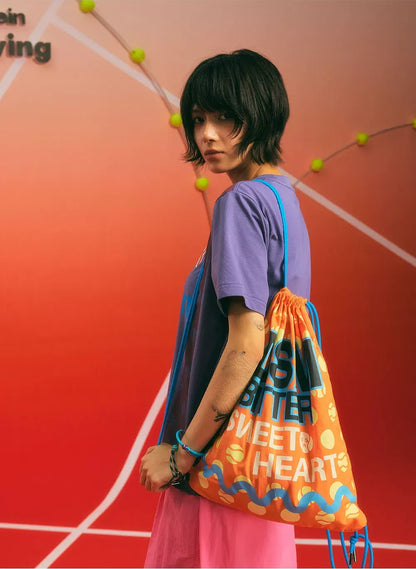 Screen-Printed Drawstring Shoulder Bag