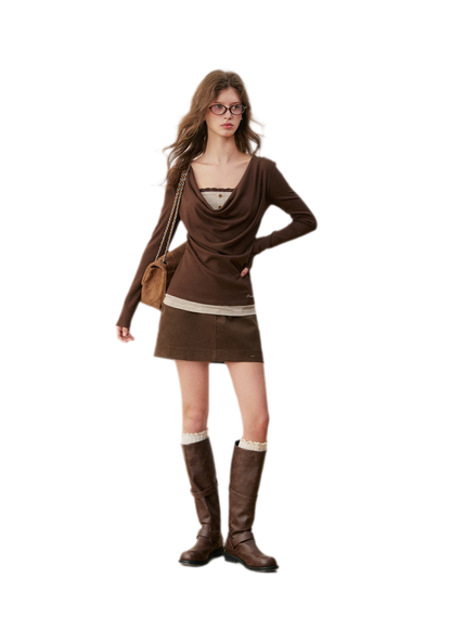 Striped Lace Cowl Neck T-Shirt