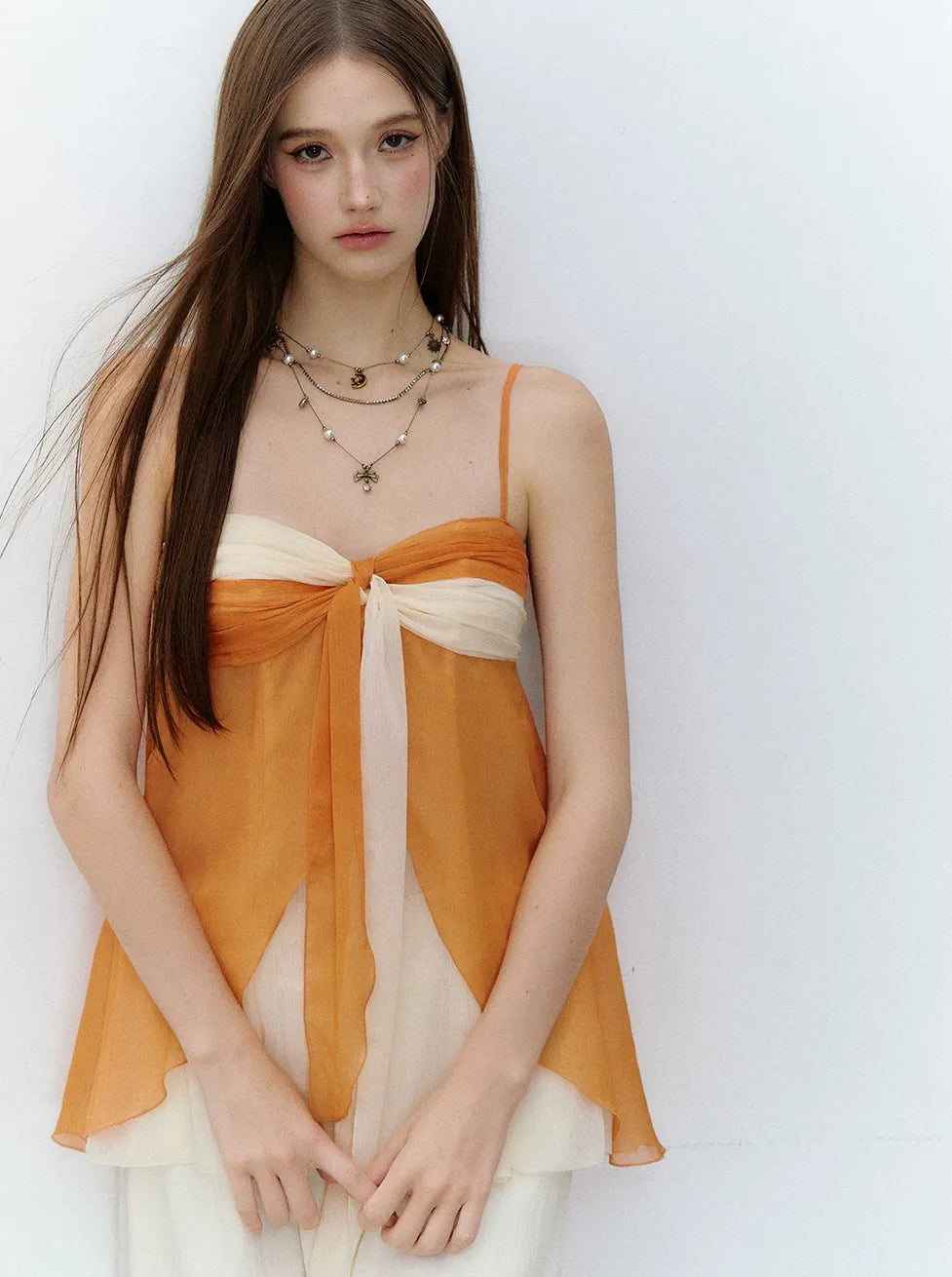 Color Catcher Irregular Contrast Pleated Chiffon Camisole