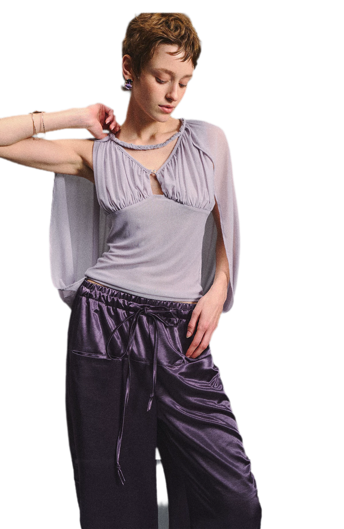 Ruched Mesh V-Neck Top