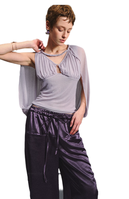 Ruched Mesh V-Neck Top
