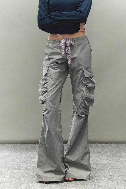 Printed Waistband Drawstring Multi-Pocket Low-Waist Cargo Pants