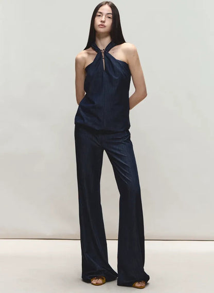 Tencel Denim Blue Hollow Halter Slim Flared Pants