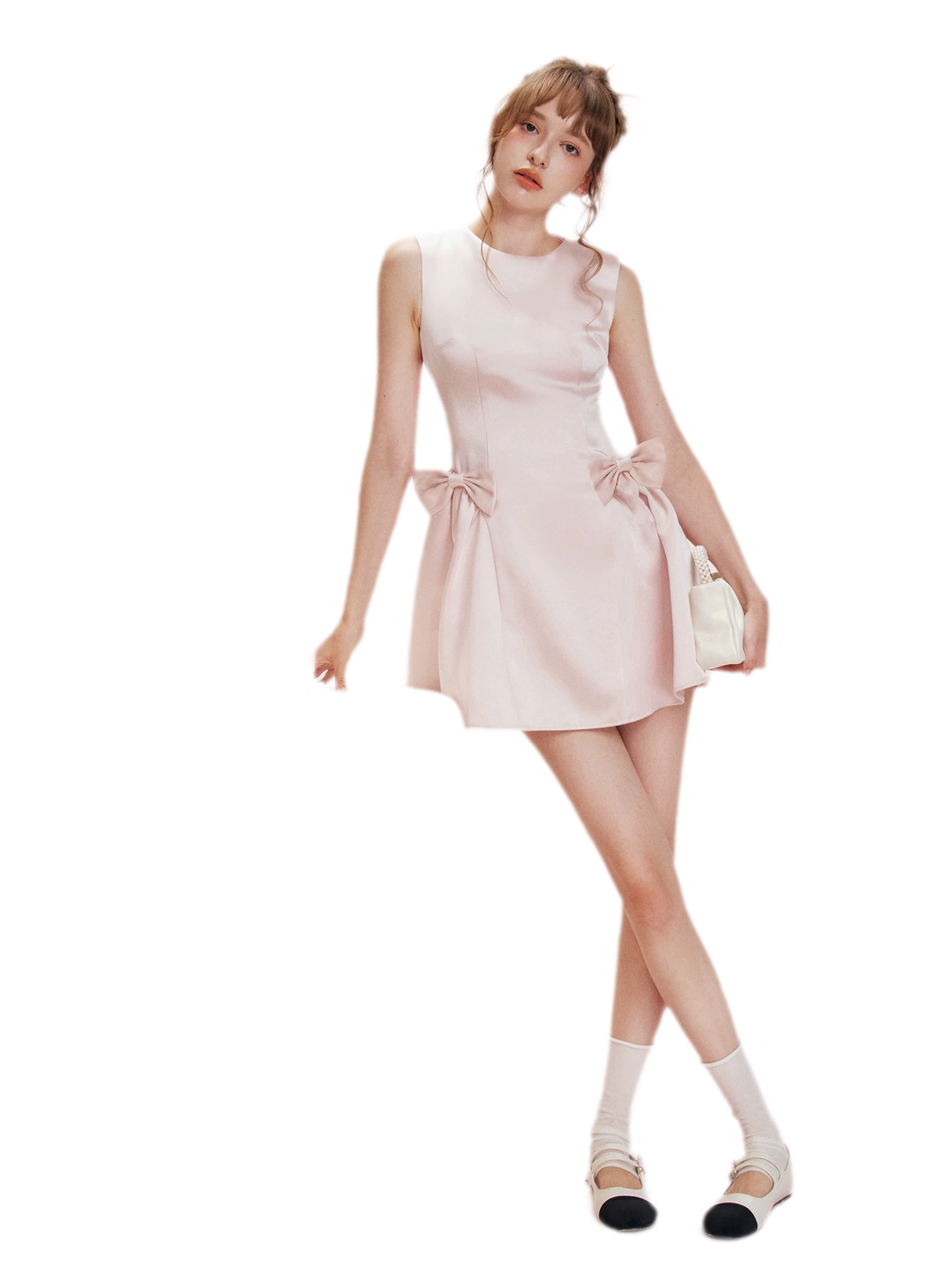Pearlescent Satin Waist-Tie Dress