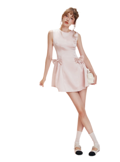 Pearlescent Satin Waist-Tie Dress
