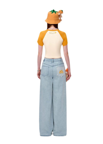 Fruit Embroidered Wide-Leg Pants