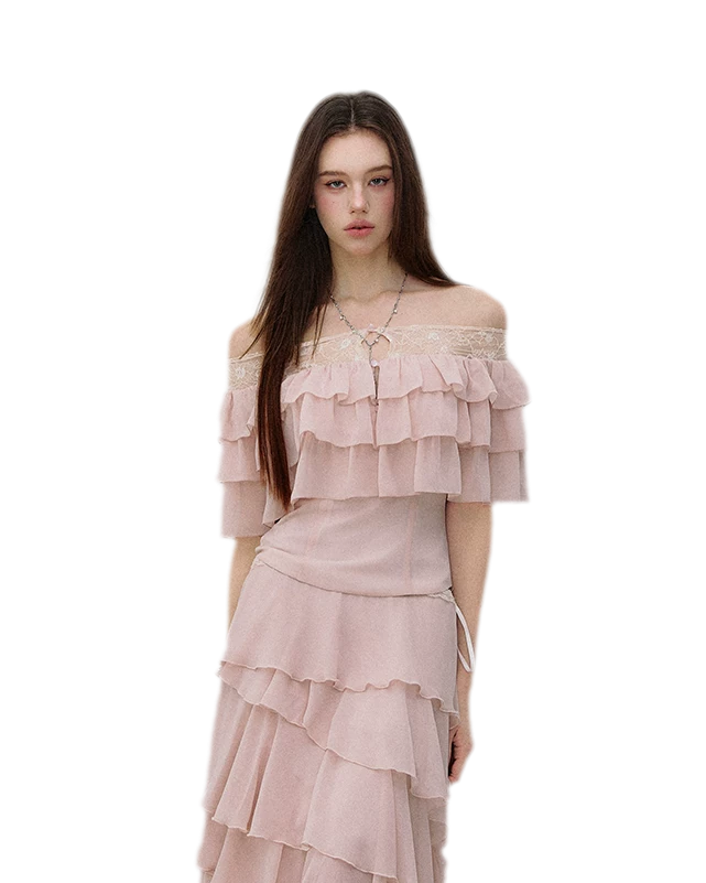 Layered Chiffon Lace Off-Shoulder T-Shirt