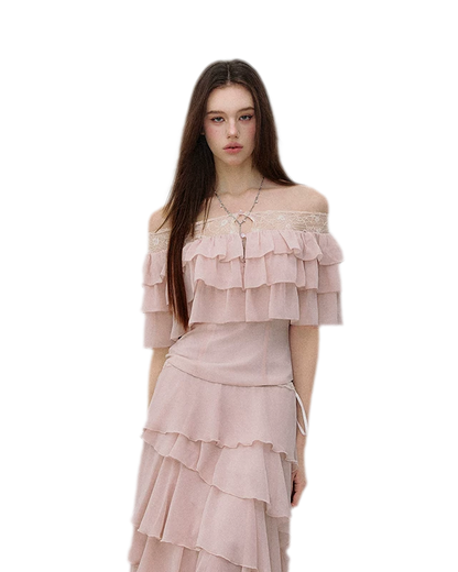 Layered Chiffon Lace Off-Shoulder T-Shirt