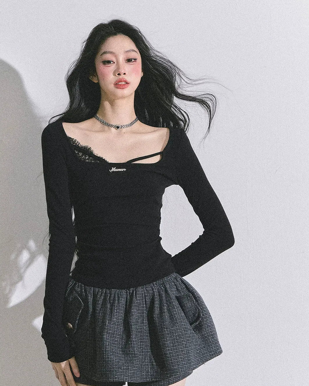 Lace Panel Fitted Long-Sleeve Top