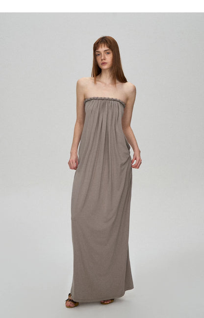 Sculptural 93% Lyocell Pleated Long Dress