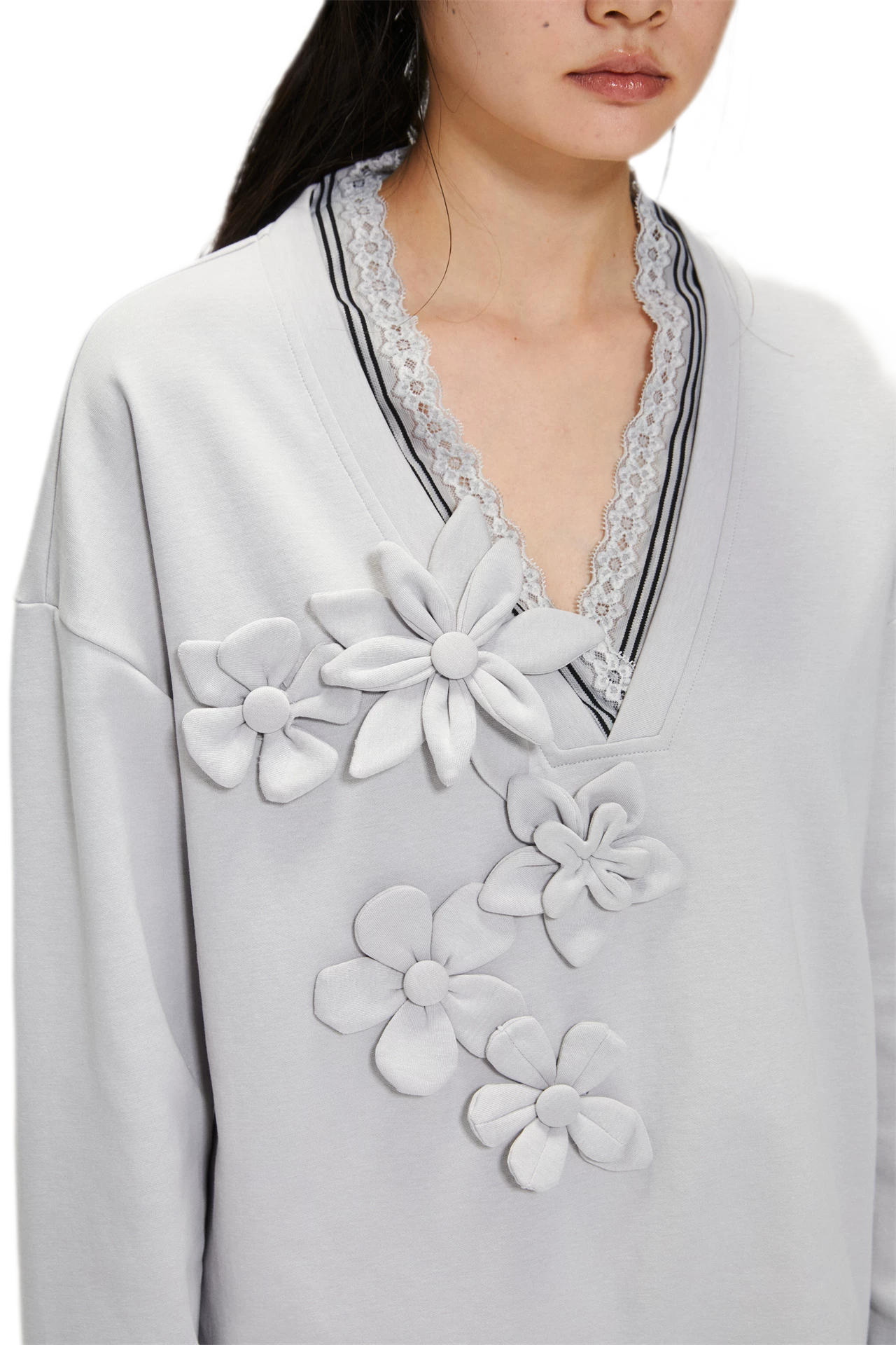 Handmade Flower Appliqué V-Neck Sweatshirt