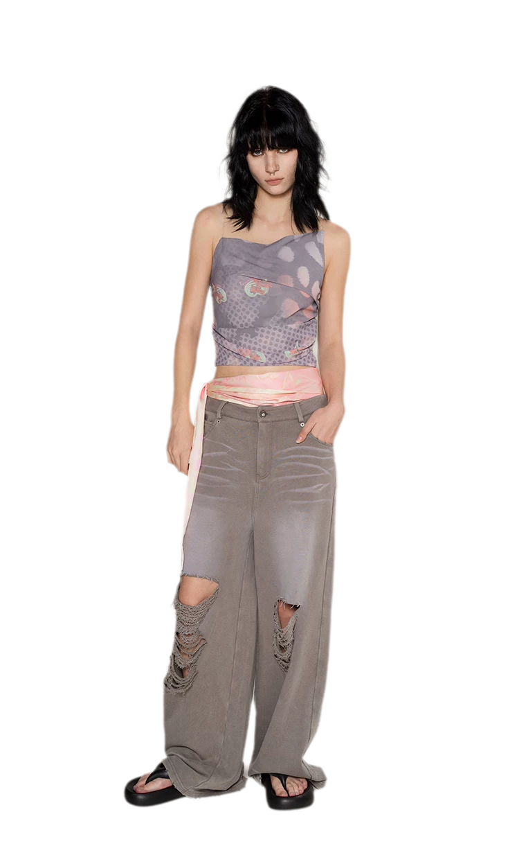 Washed Distressed Straight Pants