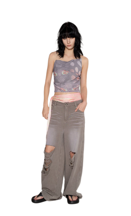 Washed Distressed Straight Pants